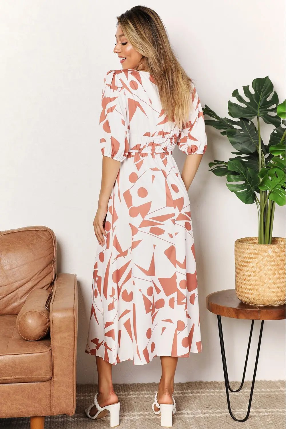 Double Take Printed Surplice Balloon Sleeve Dress - Love Salve